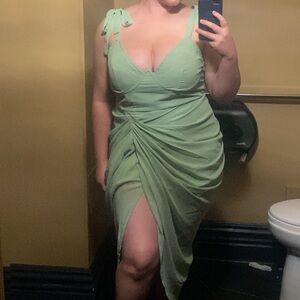 PrettyLittleThing Sage Green Tie-Shoulder Ruched Midi Dress